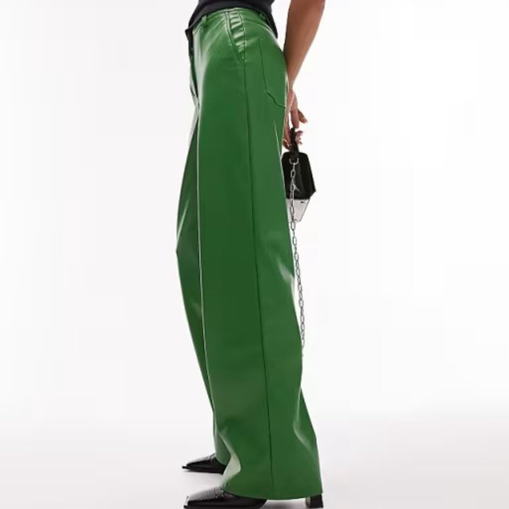 Wide Leg Faux Leather Pants in Green